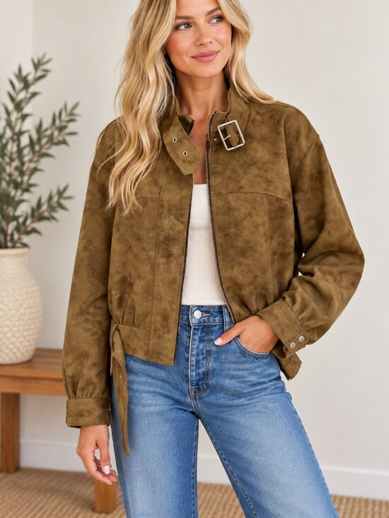 Jackets & Blazers - 577. Women's Brown Vegan Leather Suede Relaxed Fit Bomber Jacket